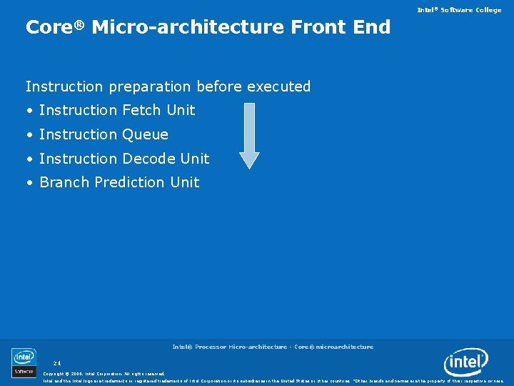 Intel® Software College Core® Micro-architecture Front End Instruction preparation before executed • Instruction Fetch