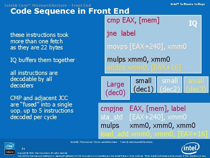 Intel® Software College Intel® Core™ Microarchitecture – Front End Code Sequence in Front End