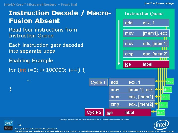 Intel® Software College Intel® Core™ Microarchitecture – Front End Instruction Decode / Macro. Fusion