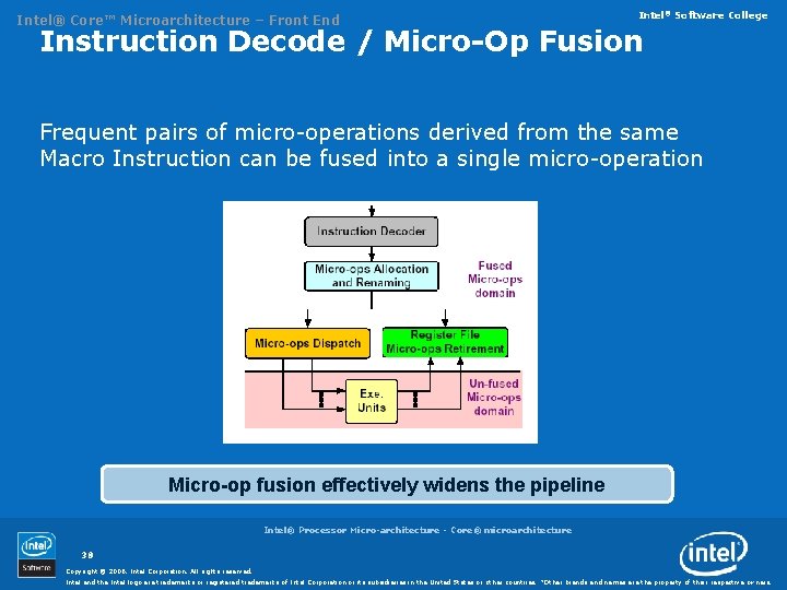 Intel® Core™ Microarchitecture – Front End Intel® Software College Instruction Decode / Micro-Op Fusion