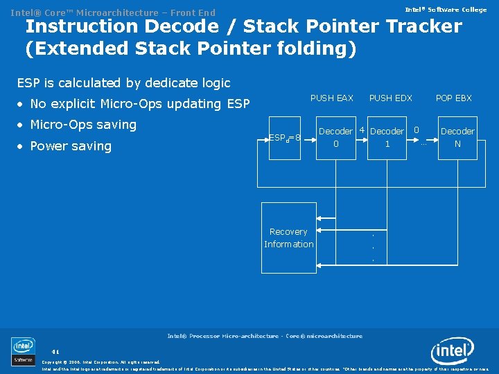 Intel® Software College Intel® Core™ Microarchitecture – Front End Instruction Decode / Stack Pointer