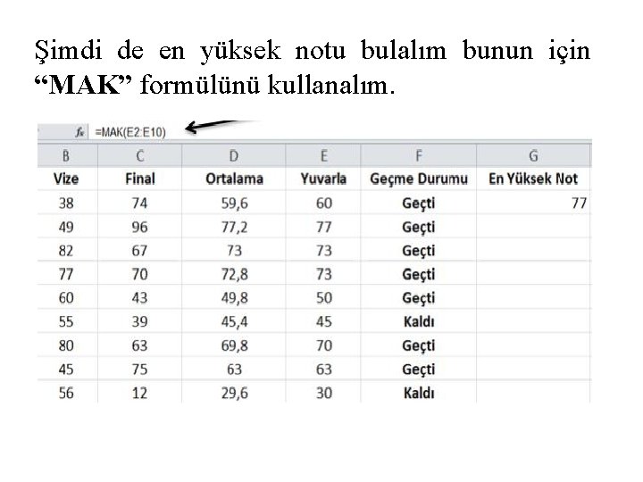 Şimdi de en yüksek notu bulalım bunun için “MAK” formülünü kullanalım. 