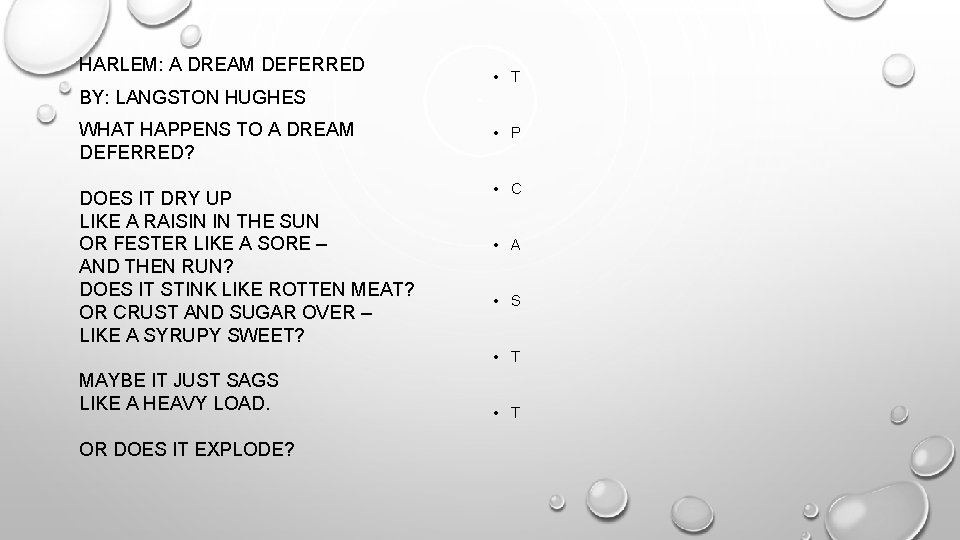 HARLEM: A DREAM DEFERRED • T BY: LANGSTON HUGHES WHAT HAPPENS TO A DREAM