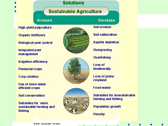 Solutions Sustainable Agriculture Increase Decrease High-yield polyculture Soil erosion Organic fertilizers Soil salinization Biological