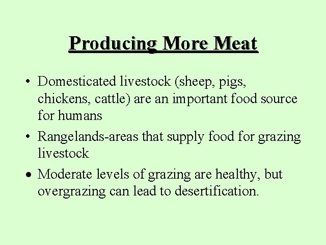 Producing More Meat • Domesticated livestock (sheep, pigs, chickens, cattle) are an important food