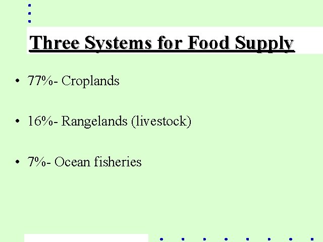 Three Systems for Food Supply • 77%- Croplands • 16%- Rangelands (livestock) • 7%-