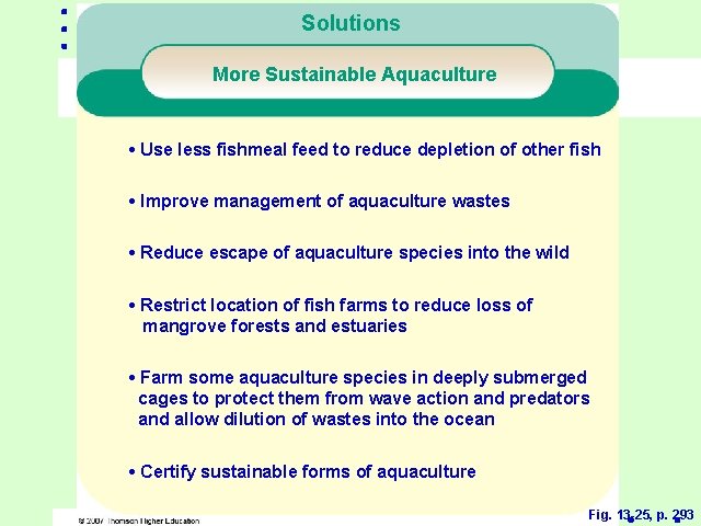 Solutions More Sustainable Aquaculture • Use less fishmeal feed to reduce depletion of other