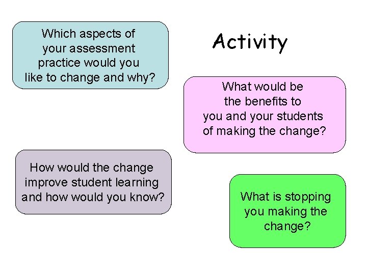 Which aspects of your assessment practice would you like to change and why? How Which aspects of your assessment practice would you like to change and why? How