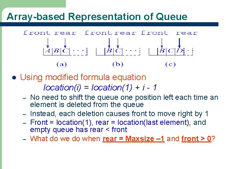 Array-based Representation of Queue l Using modified formula equation location(i) = location(1) + i