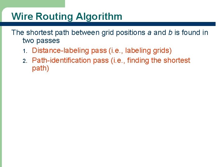 Wire Routing Algorithm The shortest path between grid positions a and b is found