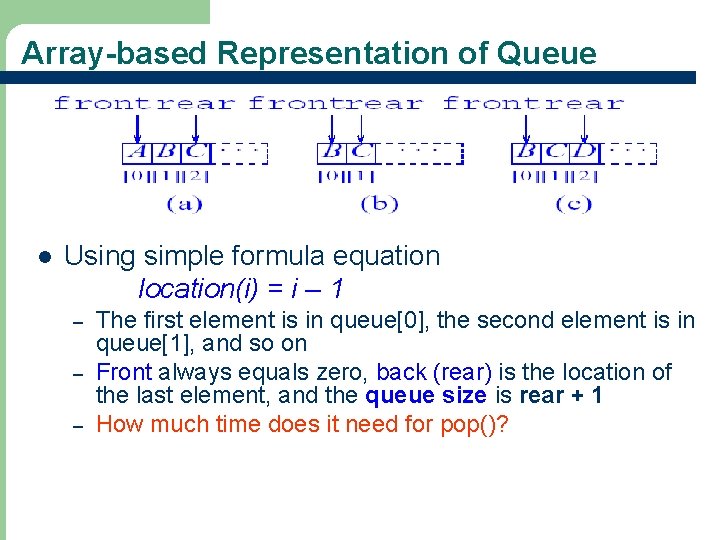 Array-based Representation of Queue l Using simple formula equation location(i) = i – 1