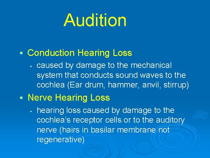 Audition § Conduction Hearing Loss § § caused by damage to the mechanical system