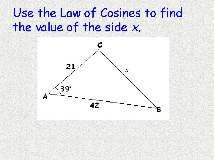 Use the Law of Cosines to find the value of the side x. x