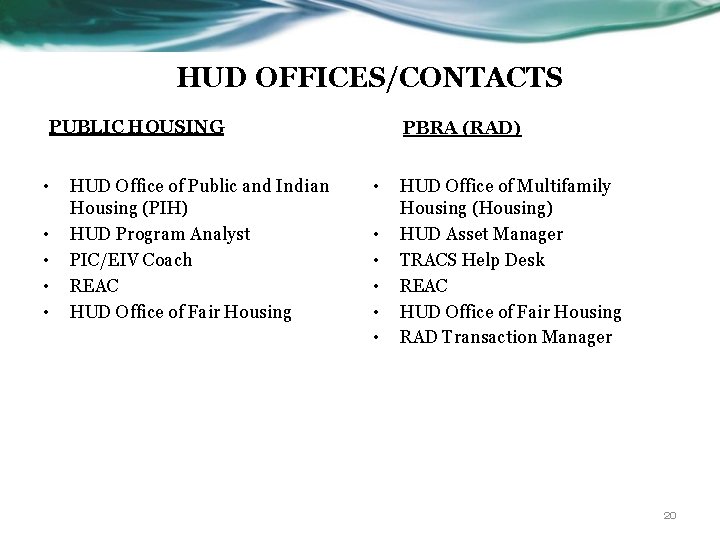 HUD OFFICES/CONTACTS PUBLIC HOUSING • • • HUD Office of Public and Indian Housing