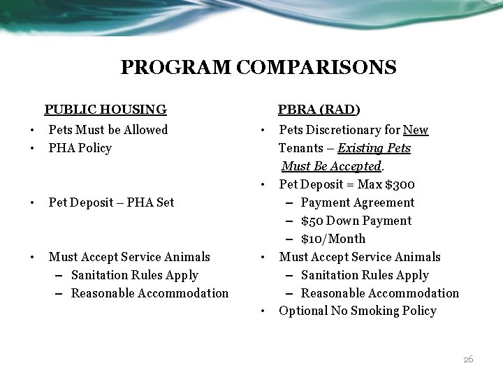 PROGRAM COMPARISONS PUBLIC HOUSING • • Pets Must be Allowed PHA Policy PBRA (RAD)