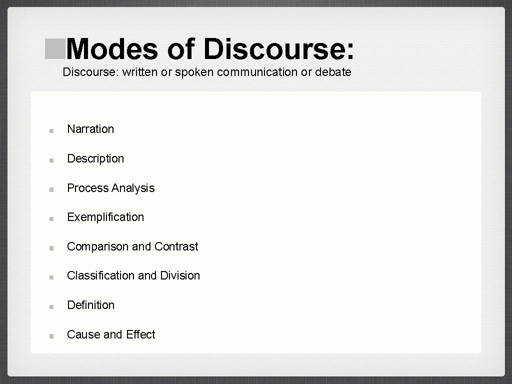 Modes of Discourse: written or spoken communication or debate Narration Description Process Analysis Exemplification