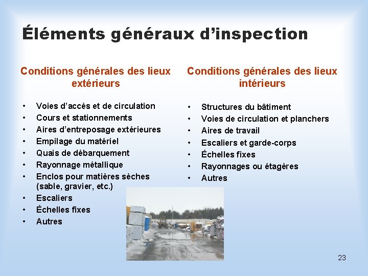 Éléments généraux d’inspection Conditions générales des lieux extérieurs Conditions générales des lieux intérieurs •