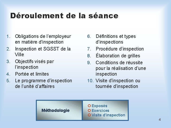 Déroulement de la séance 1. 2. 3. 4. 5. Obligations de l’employeur en matière