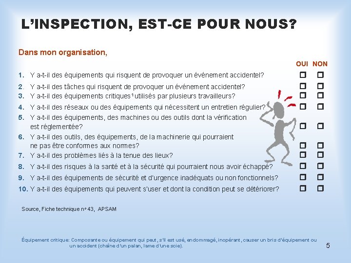 L’INSPECTION, EST-CE POUR NOUS? Dans mon organisation, OUI NON 1. Y a-t-il des équipements