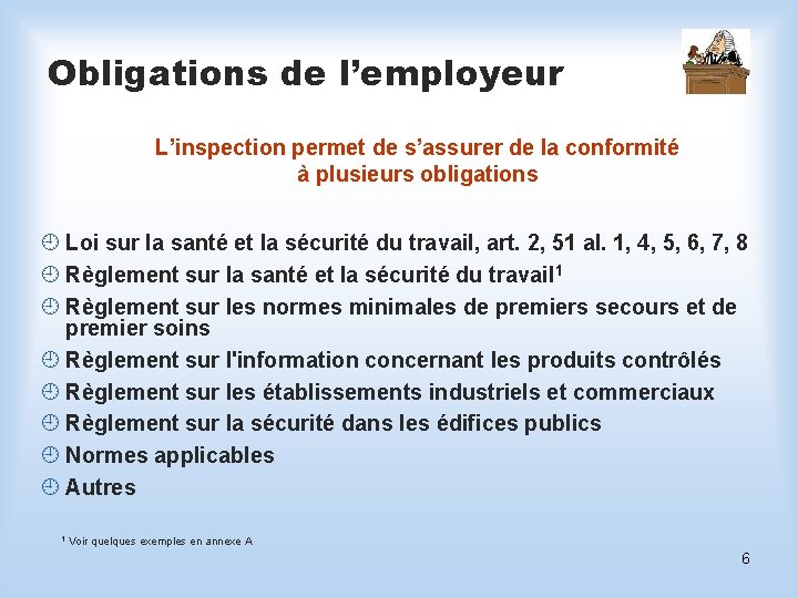 Obligations de l’employeur L’inspection permet de s’assurer de la conformité à plusieurs obligations ¿