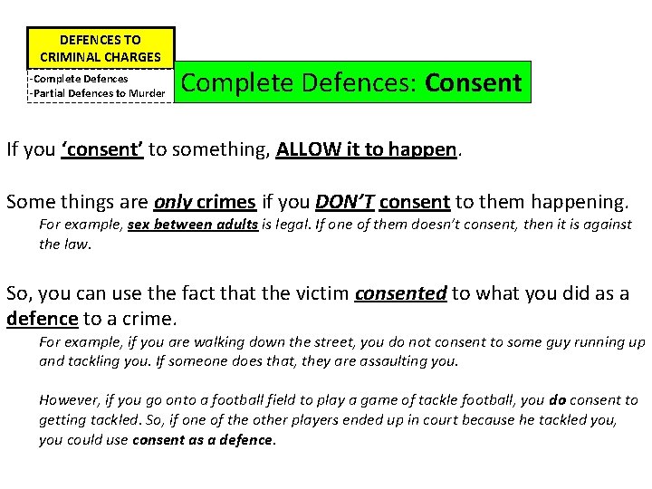 DEFENCES TO CRIMINAL CHARGES -Complete Defences -Partial Defences to Murder Complete Defences: Consent If