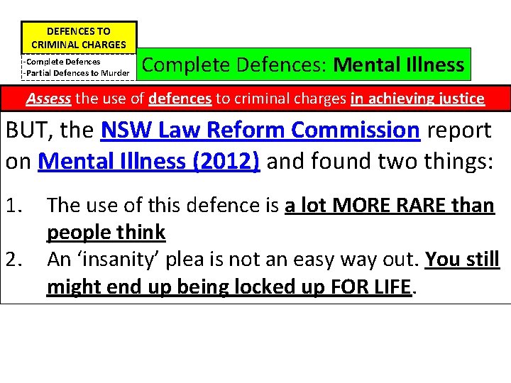 DEFENCES TO CRIMINAL CHARGES -Complete Defences -Partial Defences to Murder Complete Defences: Mental Illness