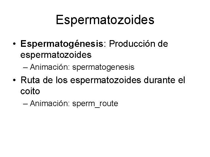 Espermatozoides • Espermatogénesis: Producción de espermatozoides – Animación: spermatogenesis • Ruta de los espermatozoides