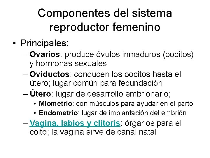 Componentes del sistema reproductor femenino • Principales: – Ovarios: produce óvulos inmaduros (oocitos) y