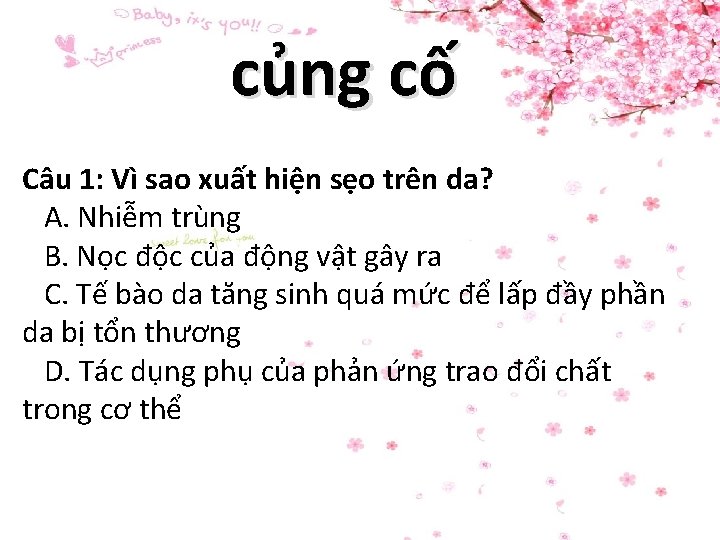 củng cố Câu 1: Vì sao xuất hiện sẹo trên da? A. Nhiễm trùng củng cố Câu 1: Vì sao xuất hiện sẹo trên da? A. Nhiễm trùng