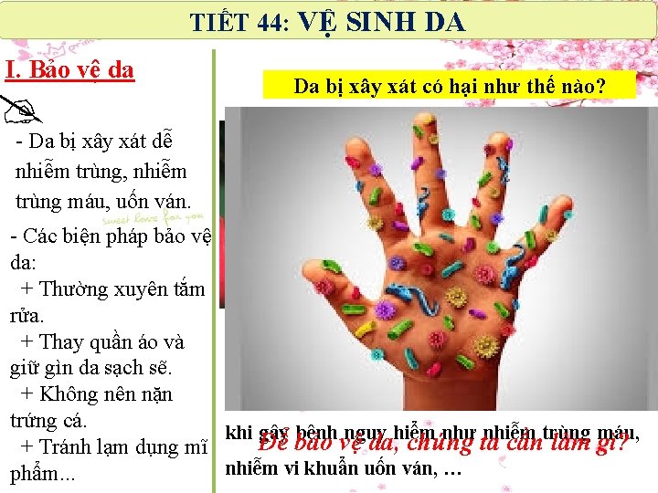 TIẾT 44: VỆ SINH DA I. Bảo vệ da Da bị xây xát có