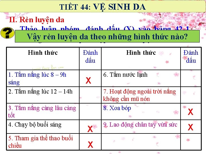 TIẾT 44: VỆ SINH DA II. Rèn luyện da Thảo luận nhóm, đánh dấu TIẾT 44: VỆ SINH DA II. Rèn luyện da Thảo luận nhóm, đánh dấu