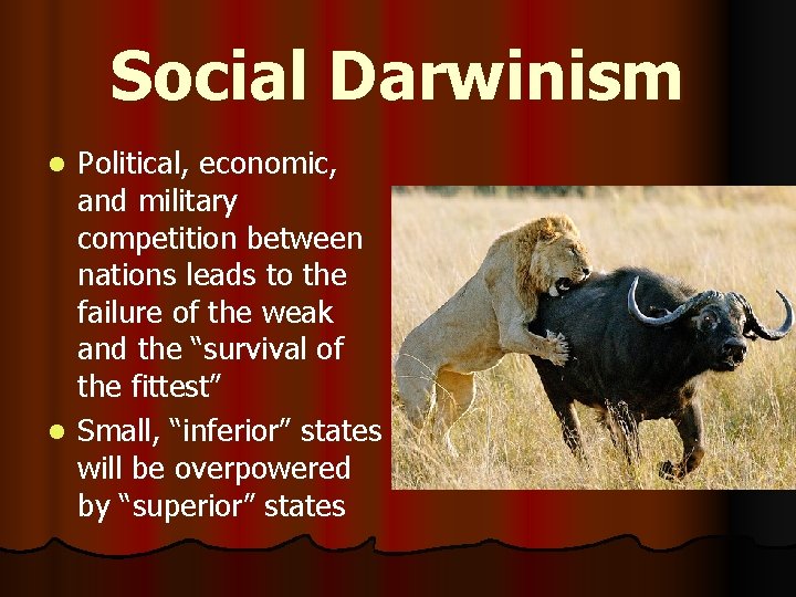 Social Darwinism Political, economic, and military competition between nations leads to the failure of