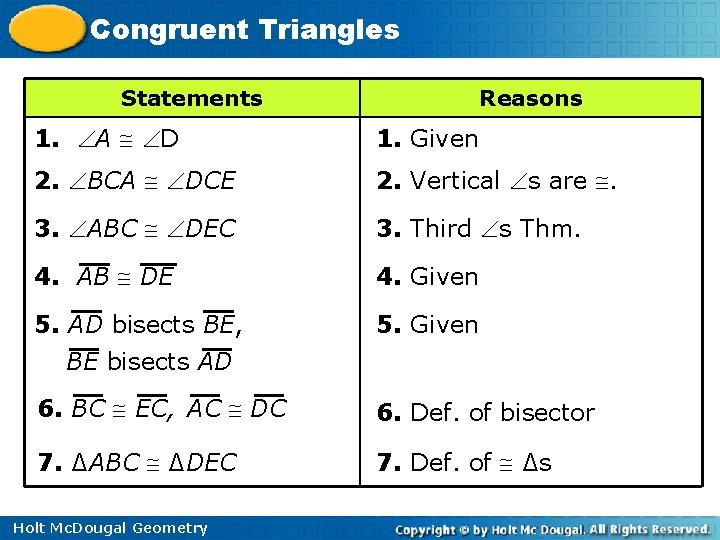 Congruent Triangles Statements Reasons 1. A D 1. Given 2. BCA DCE 2. Vertical