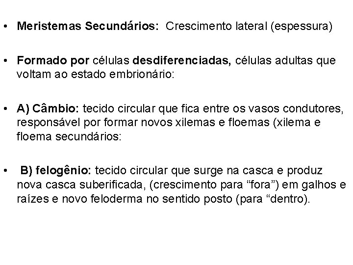  • Meristemas Secundários: Crescimento lateral (espessura) • Formado por células desdiferenciadas, células adultas