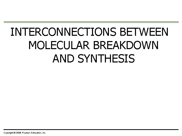 INTERCONNECTIONS BETWEEN MOLECULAR BREAKDOWN AND SYNTHESIS Copyright © 2009 Pearson Education, Inc. 