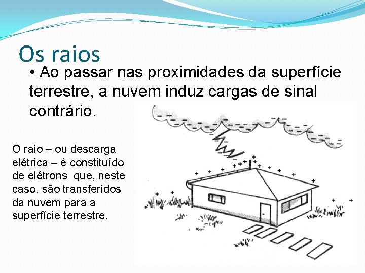 Os raios • Ao passar nas proximidades da superfície terrestre, a nuvem induz cargas