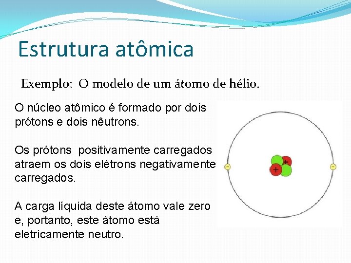 Estrutura atômica Exemplo: O modelo de um átomo de hélio. O núcleo atômico é
