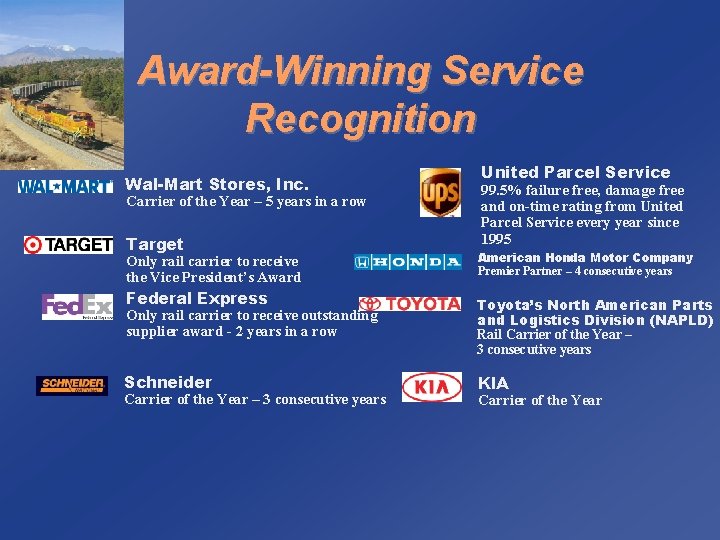 Award-Winning Service Recognition Wal-Mart Stores, Inc. Carrier of the Year – 5 years in