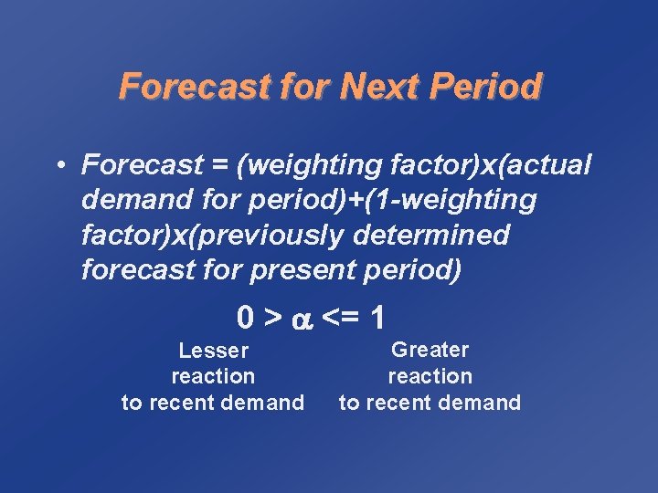 Forecast for Next Period • Forecast = (weighting factor)x(actual demand for period)+(1 -weighting factor)x(previously