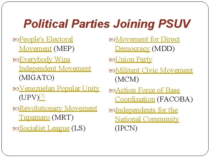 Political Parties Joining PSUV People's Electoral Movement for Direct Movement (MEP) Everybody Wins Independent