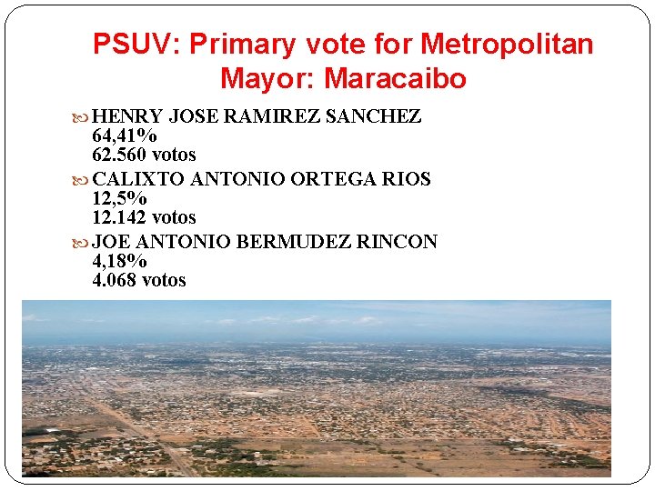 PSUV: Primary vote for Metropolitan Mayor: Maracaibo HENRY JOSE RAMIREZ SANCHEZ 64, 41% 62.