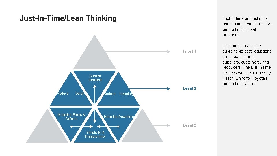 Just-In-Time/Lean Thinking Just-in-time production is used to implement effective production to meet demands. Level