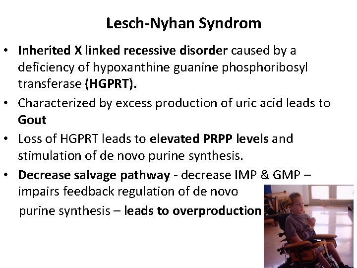 Lesch-Nyhan Syndrom • Inherited X linked recessive disorder caused by a deficiency of hypoxanthine
