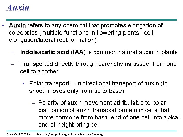 Auxin • Auxin refers to any chemical that promotes elongation of coleoptiles (multiple functions