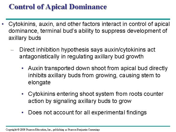 Control of Apical Dominance • Cytokinins, auxin, and other factors interact in control of