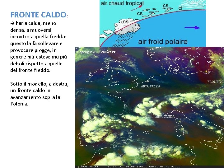 FRONTE CALDO: -è l’aria calda, meno densa, a muoversi incontro a quella fredda: questo