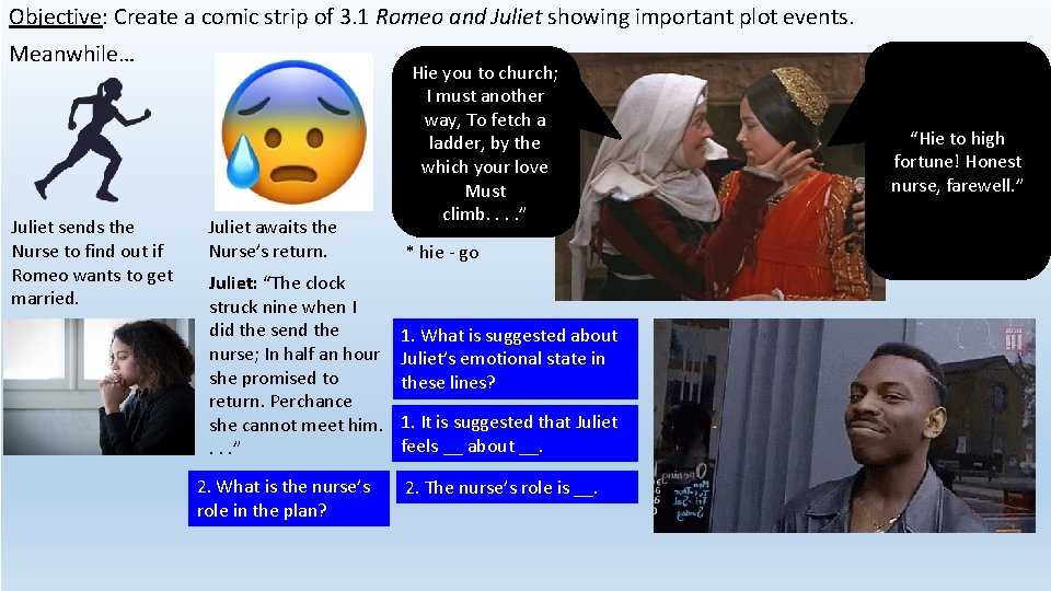 Objective: Create a comic strip of 3. 1 Romeo and Juliet showing important plot