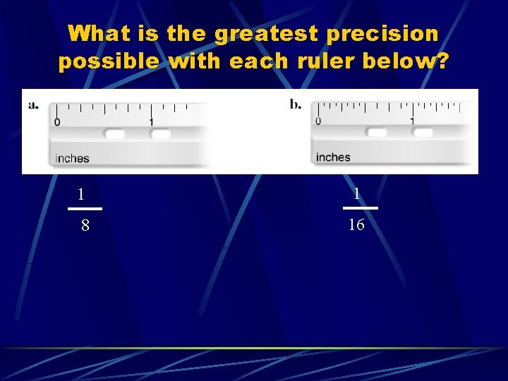 What is the greatest precision possible with each ruler below? 1 1 8 16