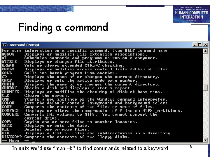 Finding a command In unix we’d use “man –k” to find commands related to