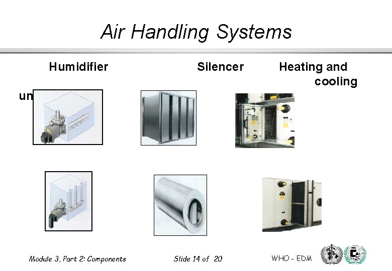 Air Handling Systems Humidifier Silencer Heating and cooling units Module 3, Part 2: Components Air Handling Systems Humidifier Silencer Heating and cooling units Module 3, Part 2: Components